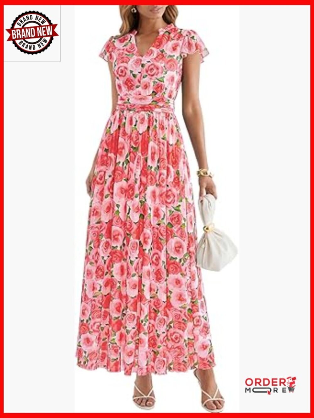 Flutter Short Sleeve V Neck Flowy Maxi Dress for Women